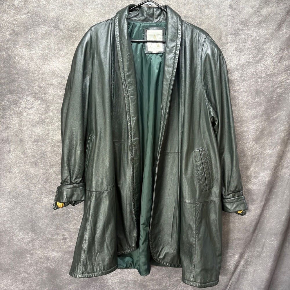VTG 80s Avanti Dark Green Genuine Leather Jacket Womens L Open Front Retro